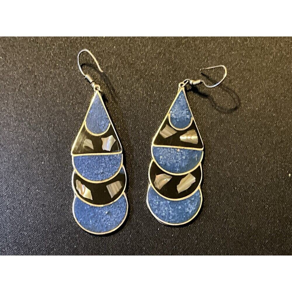 925 Silver Mexico Onyx Abalone Reconstituted Turquoise Fish Hook Earrings